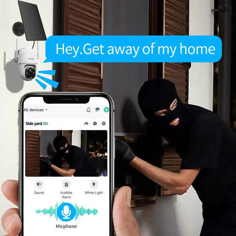 2K PTZ Solar WiFi Security Camera With AI Motion Detection showing alert on smartphone app, burglar in black mask outside window