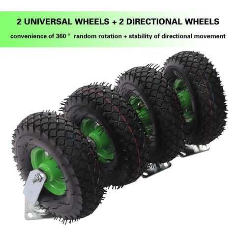 10 Inch Pneumatic Caster Wheels 4 Pack Rubber Air Tires Galvanized Brackets with 2 universal and 2 directional wheels for easy movement.