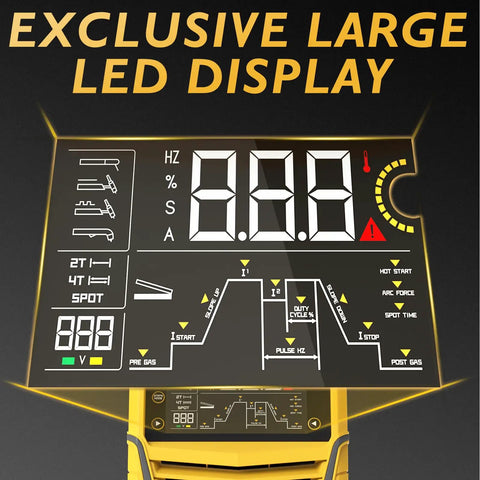 Exclusive large LED display screen on the 5 In 1 Portable Welding Machine With Cut HF TIG Pulse TIG Spot Weld And Stick, 50A Plasma Cutter, 200A TIG Welder, 180A Stick Welder, Dual Voltage 110V 220V For DIYers And Home Shops, Pro Grade Versatility For Easy Clean Welds