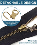 10 Piece Zipper Pull Tab Replacement Kit With Detachable Metal Pulls For Universal Fit On Jackets Pants Coats Shoes Backpacks Luggage And More In A 5 Color Mixed Set Black Silver Gun Black Light Gold Antique Bronze, close-up of gold zipper pull and detachable design.