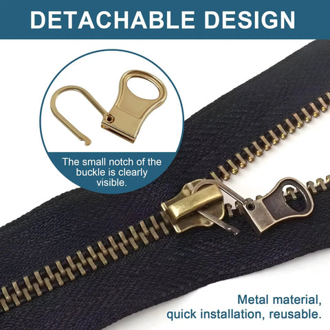 10 Piece Zipper Pull Tab Replacement Kit With Detachable Metal Pulls For Universal Fit On Jackets Pants Coats Shoes Backpacks Luggage And More In A 5 Color Mixed Set Black Silver Gun Black Light Gold Antique Bronze, close-up of gold zipper pull and detachable design.