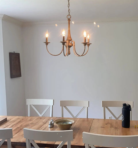 24-Inch Five-Light French Country Chandelier With Adjustable Height In Smoked Birch And Black Finish over dining table