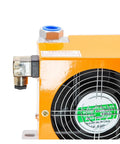 Close-up of Hydraulic Air Cooler Plate Heat Exchanger For Oil Tank Cooling 24V Oil Radiator with fan and connectors