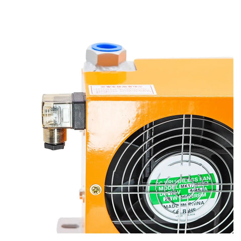 Close-up of Hydraulic Air Cooler Plate Heat Exchanger For Oil Tank Cooling 24V Oil Radiator with fan and connectors