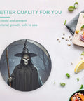 Round Tempered Glass Cutting Board With Non Slip Base For Kitchen And Charcuterie, featuring a detailed dark wizard art design.