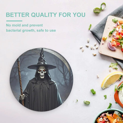 Round Tempered Glass Cutting Board With Non Slip Base For Kitchen And Charcuterie, featuring a detailed dark wizard art design.