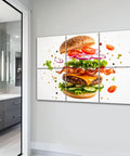 Six Panel Acoustic Wall Pads Featuring Hamburger And Explosion Prints Peel And Stick Sound Absorbing Foam Tiles on a wall.