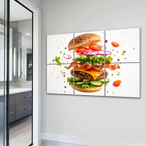 Six Panel Acoustic Wall Pads Featuring Hamburger And Explosion Prints Peel And Stick Sound Absorbing Foam Tiles on a wall.