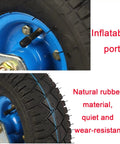Close-up of Beefed Up Heavy Duty Industrial Caster Wheels with blue rim, inflatable port and natural rubber material side view
