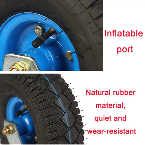 Close-up of Beefed Up Heavy Duty Industrial Caster Wheels with blue rim, inflatable port and natural rubber material side view