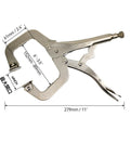 Six Piece 11 Inch C Clamp Locking Pliers Set With Swivel Pads, nickel-plated steel, showing side view with measurements