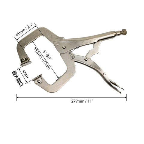Six Piece 11 Inch C Clamp Locking Pliers Set With Swivel Pads, nickel-plated steel, showing side view with measurements