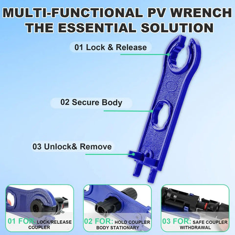 Blue spanner wrench from Must Have All In One Solar Crimping Kit with 30 Pairs MC4 Connectors for 14 to 10 AWG Wiring