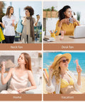 Women using Portable Mini Handheld Fan With USB Rechargeable Power Bank And Built In LED Flashlight on vacation and home.