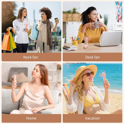 Women using Portable Mini Handheld Fan With USB Rechargeable Power Bank And Built In LED Flashlight on vacation and home.