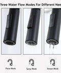 Three water flow modes displayed on Friho Matte Black Kitchen Faucet with Pull Down Sprayer for versatile usage.