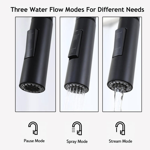 Three water flow modes displayed on Friho Matte Black Kitchen Faucet with Pull Down Sprayer for versatile usage.