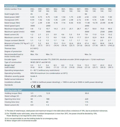 CHUNYE S-1FL6 servo motor data sheet with holding brake, model 1FL6067-1AC61-0AB1, technical specifications table.