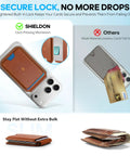 Top Shelf Genuine Leather MagSafe Wallet With Integrated Stand Holds Six Credit Cards Securely Showcased In Smooth Brown Oil Waxed Cowhide, showing card insertion mechanism.