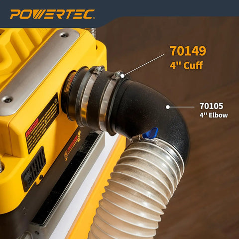 Heavy Duty 4 Inch Rubber Flex Cuff Couplers With Bite Tight Steel Hose Clamps For Shop Ready Dust Collection Hookups Rock Solid Woodshop Fittings And Zero Leak Airflow Seals 9 Pack attached to a machine with a 4 inch elbow.