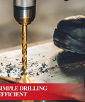 Cobalt drill bit in a drill chuck drilling into a metal sheet with metal shavings