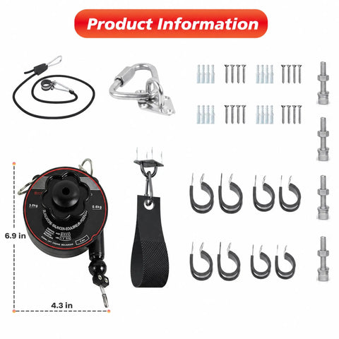 Slick Overhead EV Charging Cable Organizer With Universal Retractable Cord Reel parts including cable reel, hooks, and screws.