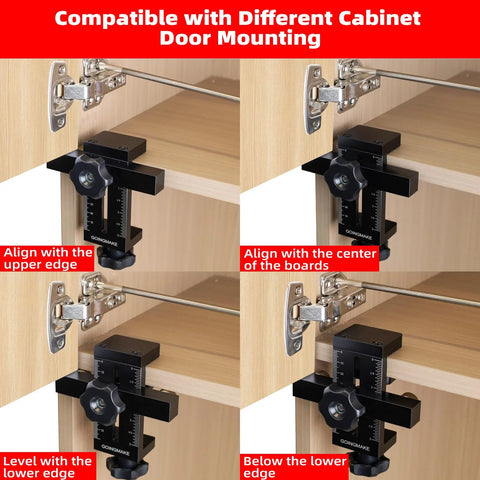 Cabinet Door Positioning Tool Jig With Quick Edge Positioner for Frameless or Face Frame Cabinets shown with alignment options.