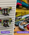 Comparison of tidy tools on Heavy Duty Slatwall Drill Holder Mount 1 Pack for Cordless Drills versus cluttered tools on a table