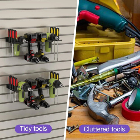 Comparison of tidy tools on Heavy Duty Slatwall Drill Holder Mount 1 Pack for Cordless Drills versus cluttered tools on a table