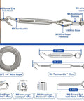 Diagram of Beefy Heavy Duty 50 Foot Stainless Steel Wire Rope Kit with M8 turnbuckles, clamps, thimbles, screws, and sleeves.
