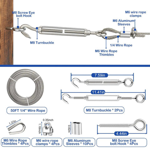 Diagram of Beefy Heavy Duty 50 Foot Stainless Steel Wire Rope Kit with M8 turnbuckles, clamps, thimbles, screws, and sleeves.