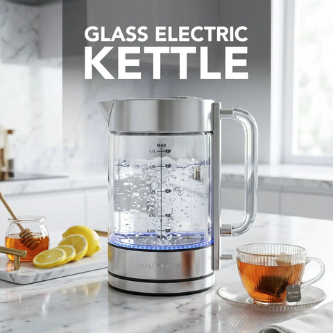 Lightning Fast 1.7L Glass Electric Kettle With Stainless Steel Base Cordless 1500W Boiler Double Wall in kitchen setting