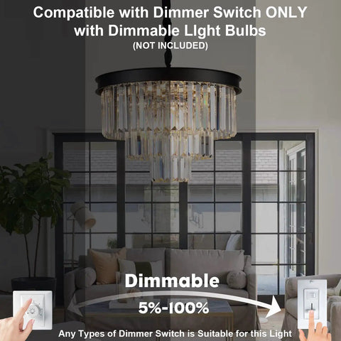 Black Crystal Chandeliers Modern Round Ceiling Light Fixture 20 Inch Dimmable 9 Lights 3 Tier Raindrop Pendant in living room