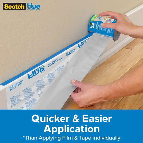 DIY Ready Pre Plastic Painters Tape With Bladed Dispenser being applied to baseboard for clean edges, 24 inch by 30 yard