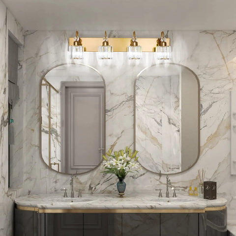 Hot Brass Gold Vanity Light Fixture With Four Crystal Lights For Bathroom Over Mirror Modern Wall Mount Bath Lighting E26 Base Compatible With LED And Incandescent Bulbs 31.5 Inches Long 7.3 Inch Projection shown installed above mirrors