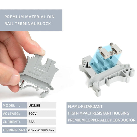 Close-up of 32A 690V screw terminal block from All-In-One Terminal Blocks Kit for DIY and Pro-Grade Projects showing details.