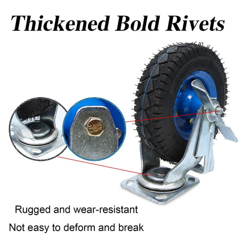 Heavy Duty Rubber Swivel Caster Wheels With Grip Lock Brakes Ultra Slick Trolley Casters, 8 inch wheel detail showing bold rivets.