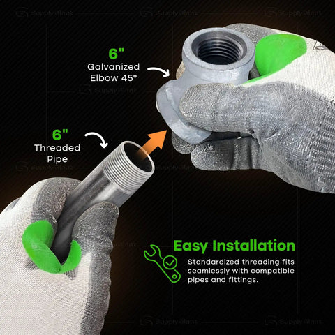 Hands connecting Beefy 6 Inch 45 Degree Galvanized Malleable Iron Elbow With 6 Inch Female Threaded Ends For High Pressure Piping