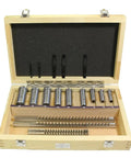 Open wooden box displaying 18-piece Keyway Broach Kit 18 Piece HSS Metric Set for CNC Machining with collared bushings and shims.