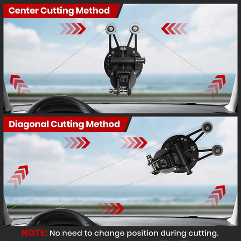 Windshield Removal Tool Kit With Dual Cutting Locking Function for Cars showing center and diagonal cutting methods.