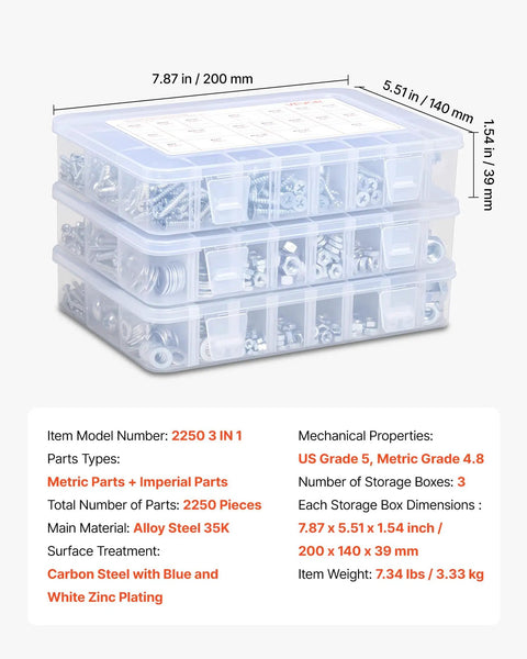 Top Rated 2250 Piece Bolts And Nuts Assortment Kit Including Metric And Imperial Machine Screws Plus Flat Washers In Alloy Steel For Shop Builds And Garage Fixes Galvanized White Finish in storage boxes.