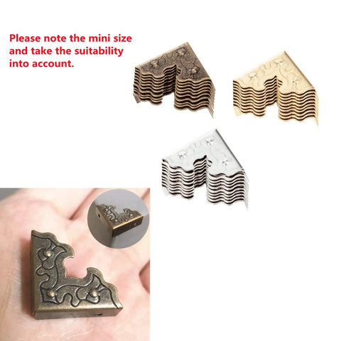 10 Pcs Badass Gold Metal Embossed Corner Protectors Covers For Photo Frames And Craft Boxes Premium Iron Heavy Duty Guards Smooth Finish Sturdy Mini Size Protection Kit in gold, silver, and bronze on display.
