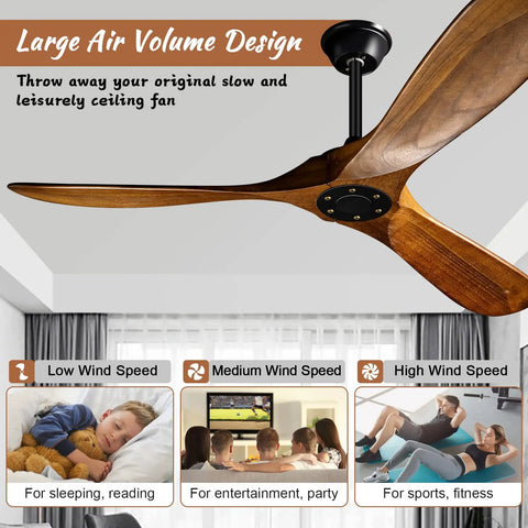 52 Inch Wood Ceiling Fan With Remote Control Three Reversible Solid Mahogany Blades Six Speed Quiet DC Motor Image
