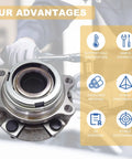 Pair Of Two Front Wheel Hub And Bearing Assemblies For Nissan Murano 09 Through 14 And Quest 11 Through 17 Featuring Five Lug Pattern Non Abs Setup Zero Drama Driving All Day Long, showing assembly details and advantages.