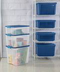 Heavy Duty Clear Plastic Storage Bins Twelve Pack With Tight Latch Lids And Solid Grip Handles stacked with assorted items.