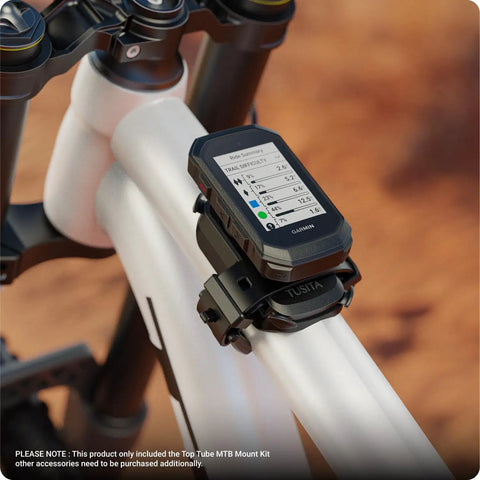 Top Tube MTB Mount For Mountain Bikes with GPS computer attached, showing Garmin display, mounted on white bike frame