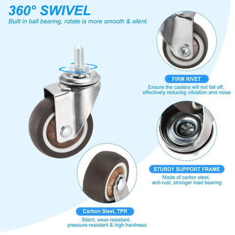 2 Inch Stem Casters 4 Pack Low Profile TPR Swivel Wheels with 360 Degree Rotation Threaded M8 x 15mm Stem Total Load 231 Lbs features