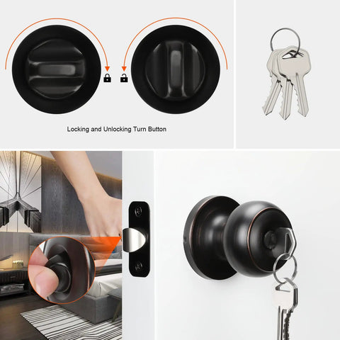 Oil Rubbed Bronze Exterior Door Knob With Lock And Key, Keyed Entry, One Pack With Keyed Alike, great for front doors, shown with keys