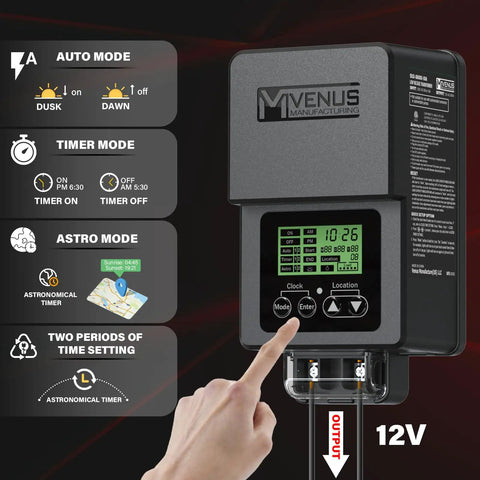 Outdoor Low Voltage Transformer 60W With Timer And Built In Photo Sensor, showing control panel with settings.