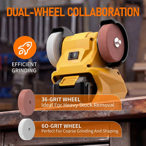 Grab A Snappy Lightweight Cordless Bench Grinder Constructed To Run On Your Favorite DeWalt 20V Battery Packs For Blazing Fast Metal Prep and Sharp Edge Work Anywhere with 36- and 60-grit wheels.